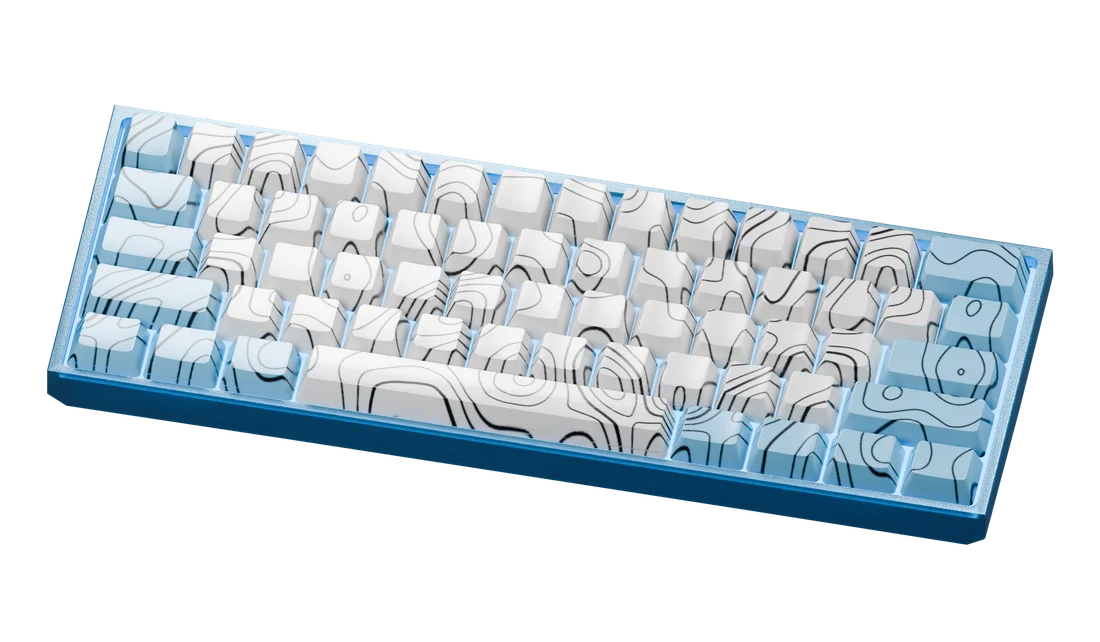 Blue and white keyboard with a flowing line pattern